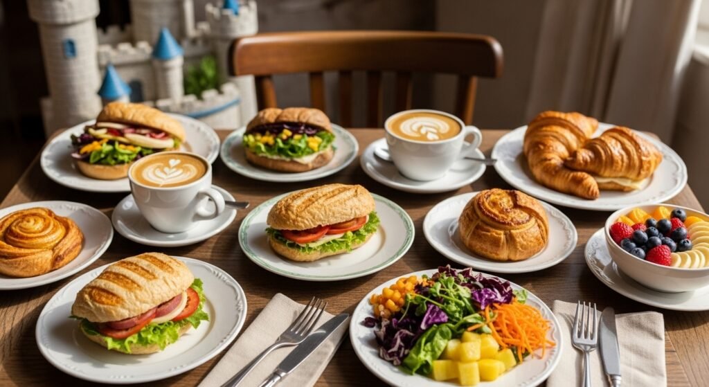 Assortment of fresh cafe foods including artisanal sandwiches, salads, pastries, coffee with latte art, and fruit bowls on a rustic table with cozy castle-themed decor.