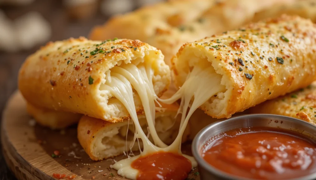 Fresh cheesy garlic breadsticks with melted mozzarella, garlic butter, and parsley served with marinara sauce.