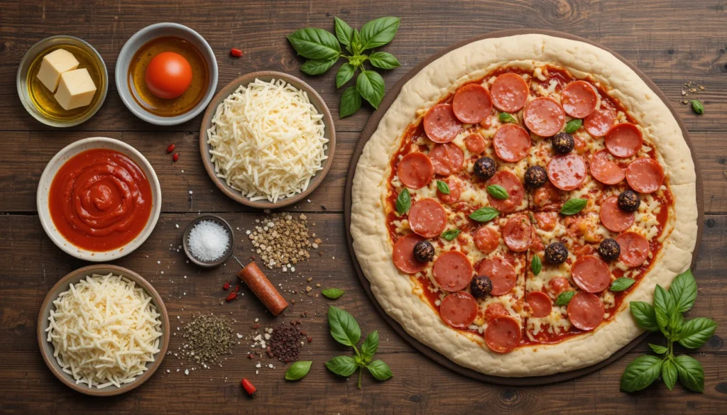 Separated ingredients for cheesy pepperoni and sausage pizza including dough, mozzarella, pepperoni, sausage, tomato sauce, herbs, and spices arranged on a rustic surface