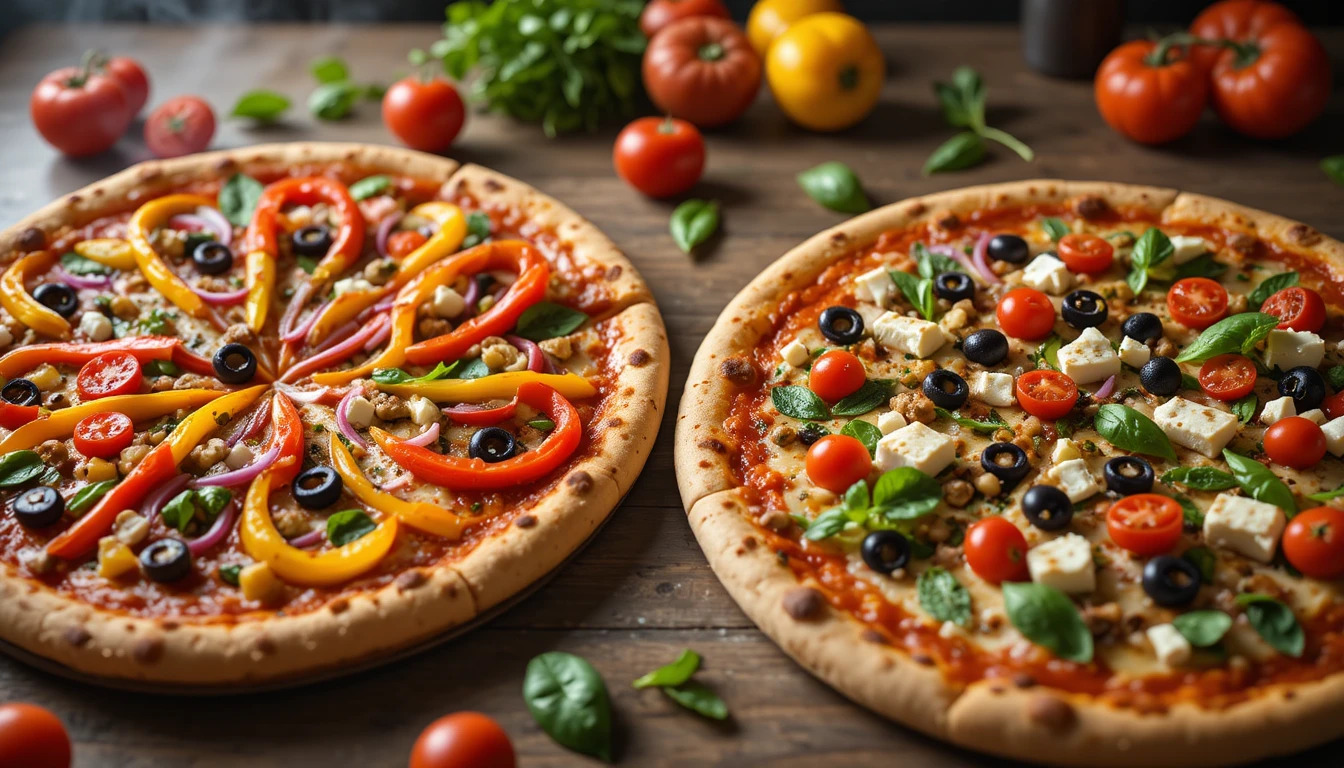 Veggie delight pizza with bell peppers, zucchini, mushrooms, and cheese alongside Mediterranean pizza with olives, feta, cherry tomatoes, and spinach on a rustic table.