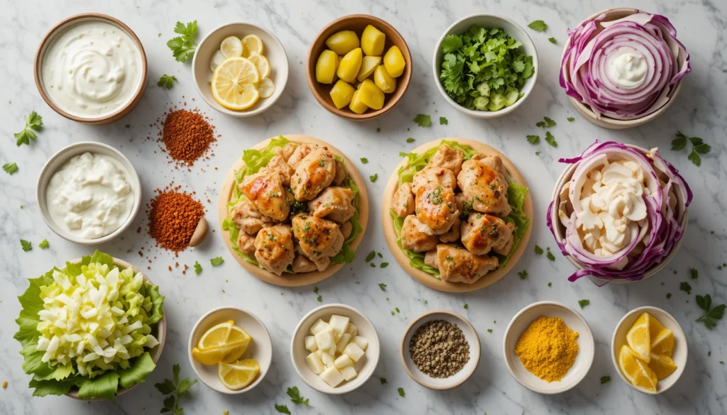 Honey Mustard Wraps, Sliders & Quick Healthy Breakfasts 4 Flat-lay of Chicken Shawarma Sliders ingredients including buns, marinated chicken, pickles, onions, garlic sauce, and spices in a 16:9 layout.