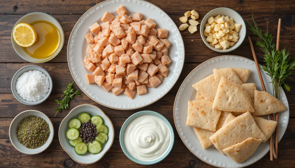 Mediterranean-Inspired Party Recipes 2 Hyper-realistic display of Chicken Souvlaki ingredients in bowls: diced chicken, olive oil, lemon, garlic, oregano, salt, pepper, yogurt, cucumber, dill, and pita bread with skewers on a wooden counter, 16:9 format