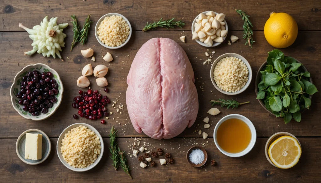 Stuffed Turkey, Mushroom Chicken & Spinach Dinner 2 Separate ingredients for Christmas stuffed turkey breast including raw turkey breast, spinach, cranberries, breadcrumbs, garlic, herbs, butter, spices, and chicken broth