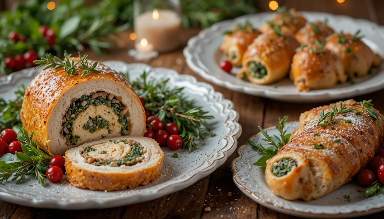 Stuffed Turkey, Mushroom Chicken & Spinach Dinner 1 Christmas stuffed turkey breast, creamy mushroom stuffed chicken rolls, and spinach stuffed chicken arranged on a festive table with warm holiday lighting