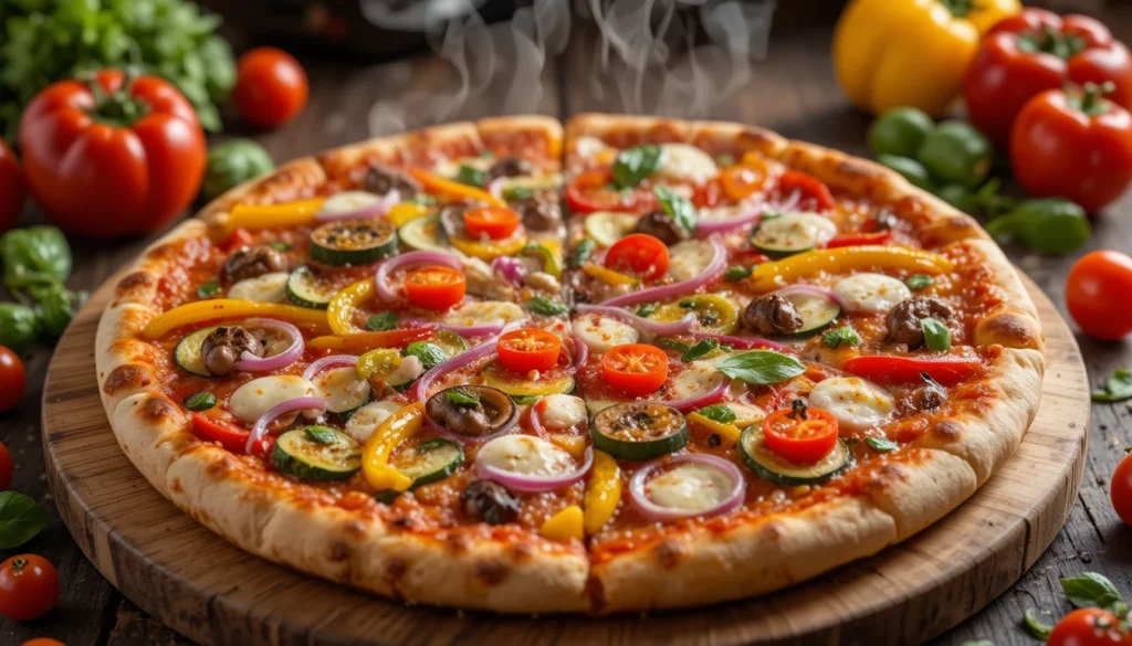 Colorful veggie delight pizza with bell peppers, zucchini, mushrooms, red onions, cherry tomatoes, and melted cheese on a rustic wooden board with fresh vegetables around.