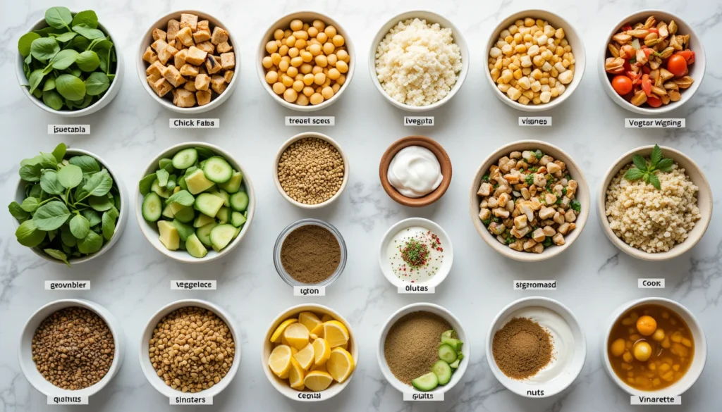 Flat-lay of assorted recipe components including proteins, vegetables, grains, sauces, and garnishes arranged neatly in a 16:9 format