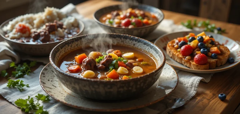Cozy comfort food spread with hearty beef soup, colorful fruit toast, and Mexican vegetable soup on a rustic wooden table under warm natural lighting