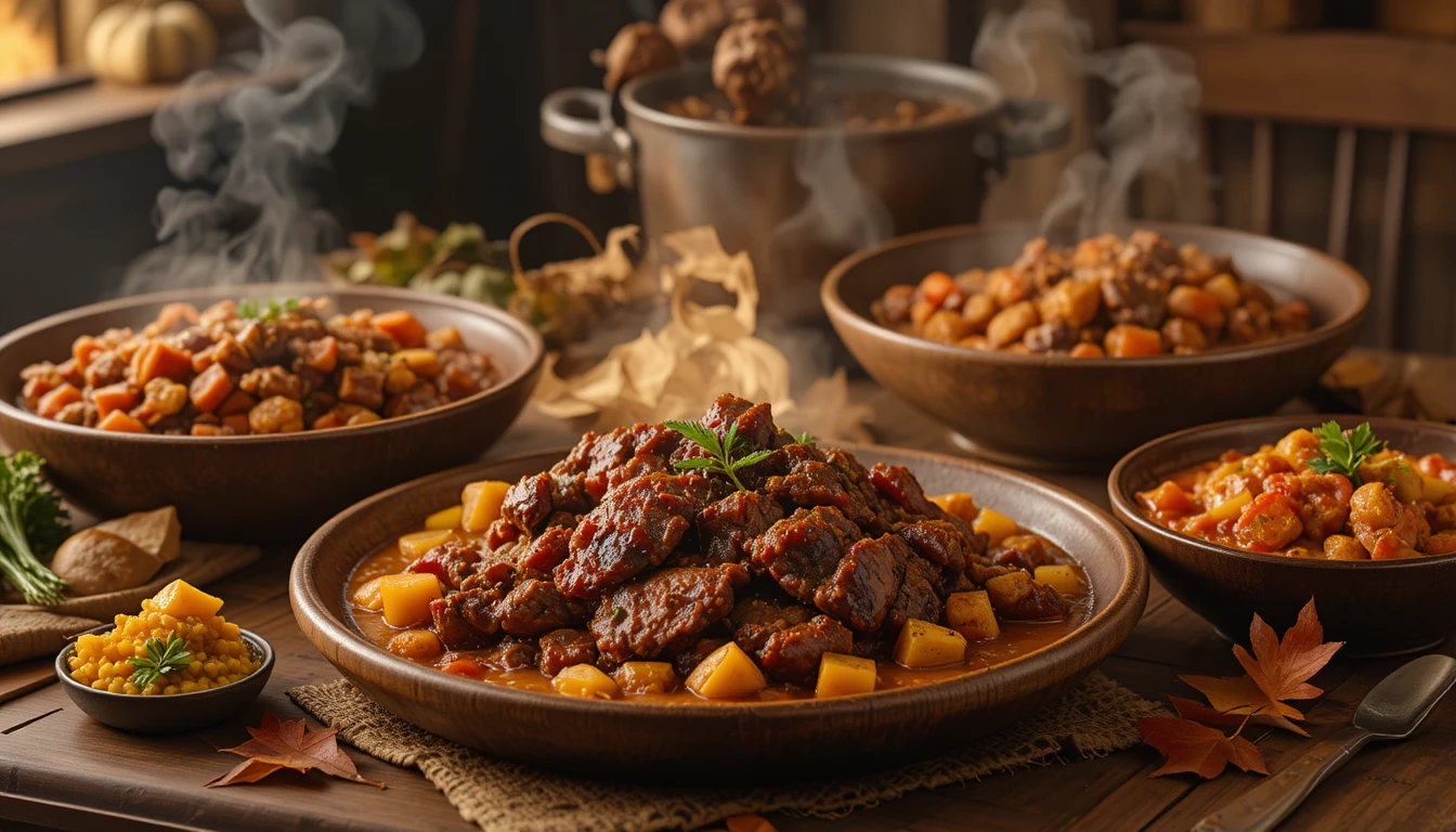 Food collection featuring cozy slow cooker pot roast, hearty beef stew, and creamy butter chicken served in rustic bowls on a warm wooden table.
