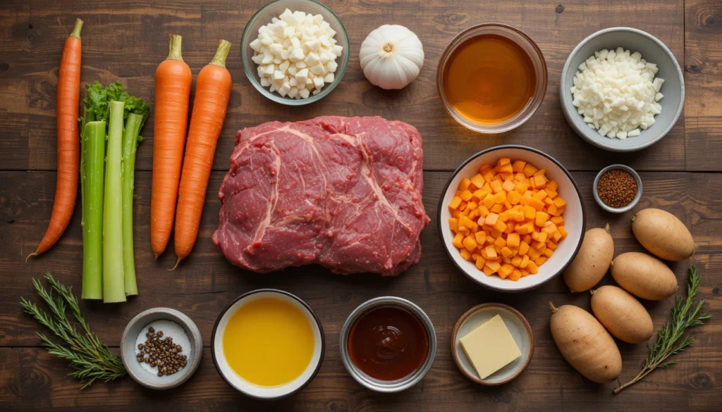 Separated ingredients for a cozy slow cooker pot roast including beef chuck roast, vegetables, herbs, broth, and seasonings arranged on a rustic surface