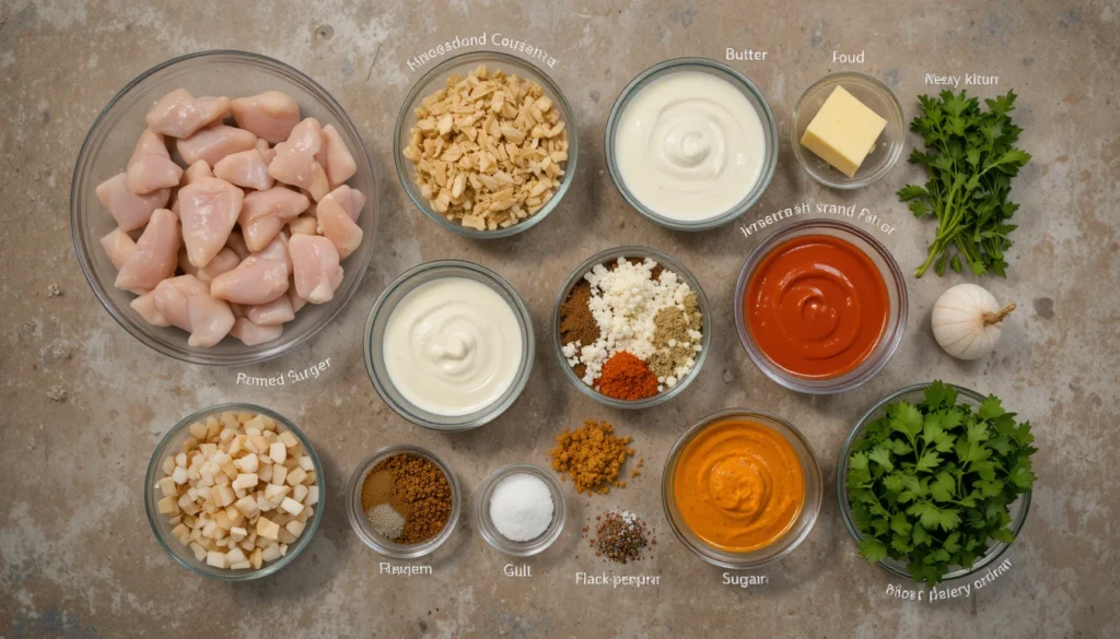 Separated ingredients for creamy butter chicken including raw chicken, spices, yogurt, cream, tomato puree, herbs, and seasonings arranged on a rustic surface