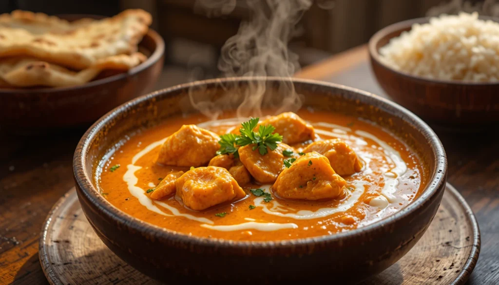 Creamy butter chicken with rich orange sauce and cilantro garnish served in a rustic bowl with naan and rice