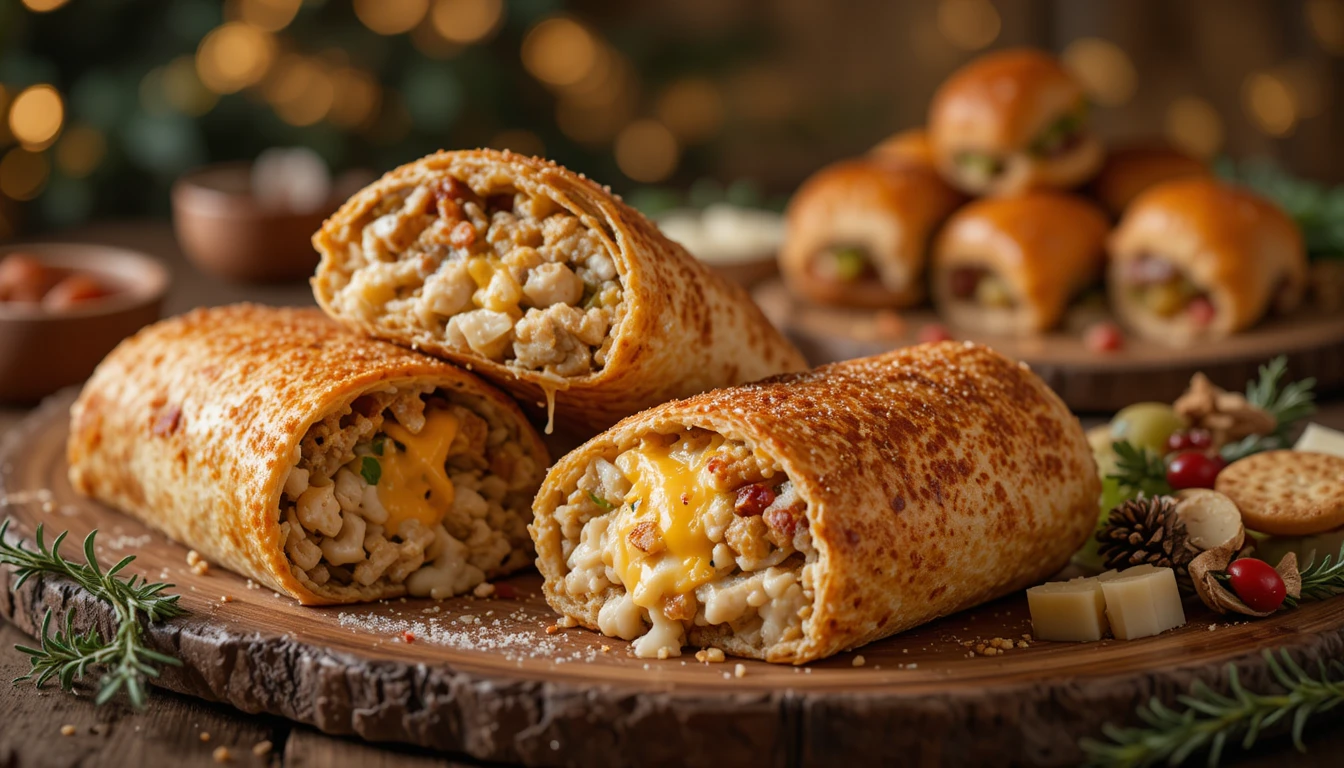 Creamy Chicken Burrito, Crispy Chicken Cheese Wraps, and a festive holiday appetizer spread arranged on a wooden table in a 16:9 format.