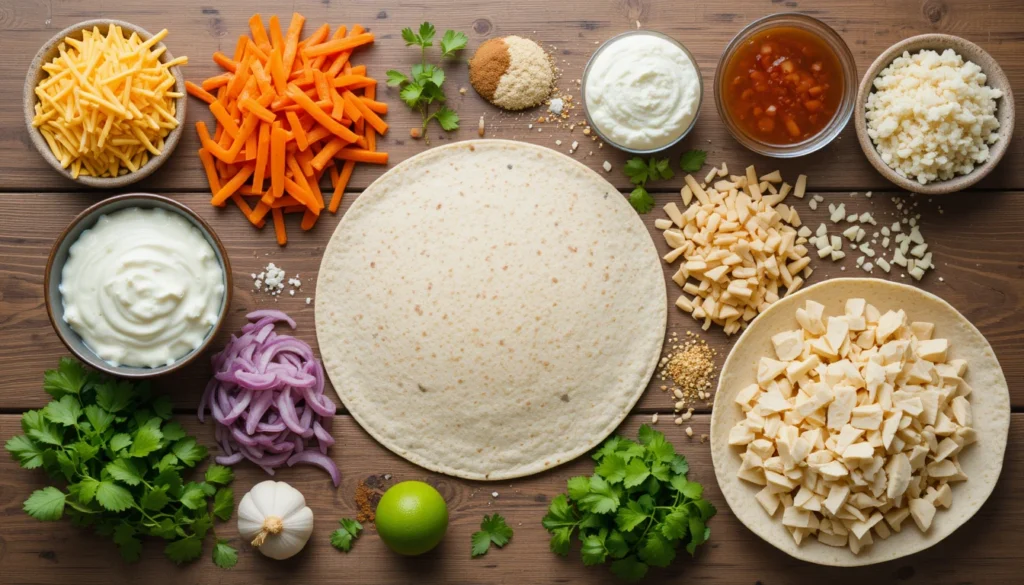 Flat-lay of Creamy Chicken Burrito ingredients including tortillas, shredded chicken, rice, cheese, peppers, onions, seasoning, and sour cream in a 16:9 composition.