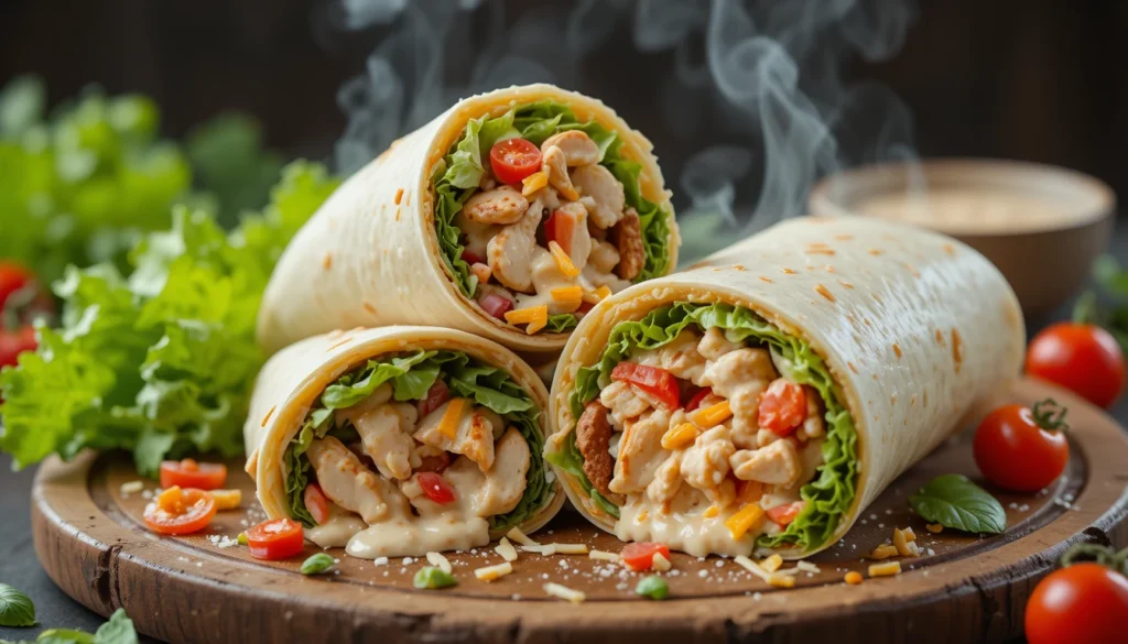 Southwest Crunch Wraps- Pizza & Creamy Chicken Wraps 6 Creamy chicken wraps with grilled chicken, lettuce, tomatoes, cheese, and sauce inside a soft tortilla, sliced and served on a rustic wooden board
