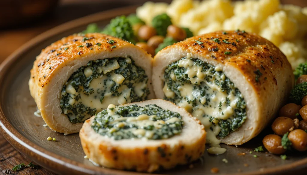 Stuffed Turkey, Mushroom Chicken & Spinach Dinner 5 Golden creamy spinach stuffed chicken breast sliced to show its spinach and cheese filling, served with roasted vegetables