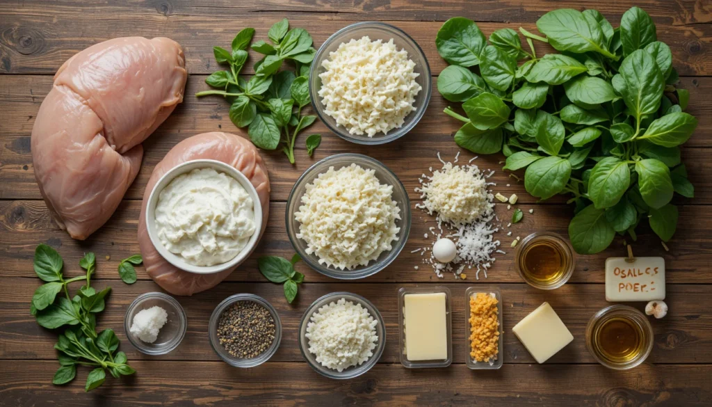 Stuffed Turkey, Mushroom Chicken & Spinach Dinner 6 Separate ingredients for creamy spinach stuffed chicken breast including raw chicken breasts, spinach, garlic, cream cheese, mozzarella, parmesan, spices, and olive oil