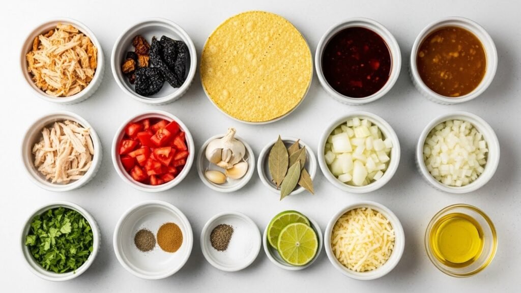 Birria Tacos-Mini Quesadillas & BBQ Chicken Tacos 3 All Birria Taco ingredients arranged separately in small bowls, including chicken, chiles, spices, consommé, cheese, cilantro, and lime.