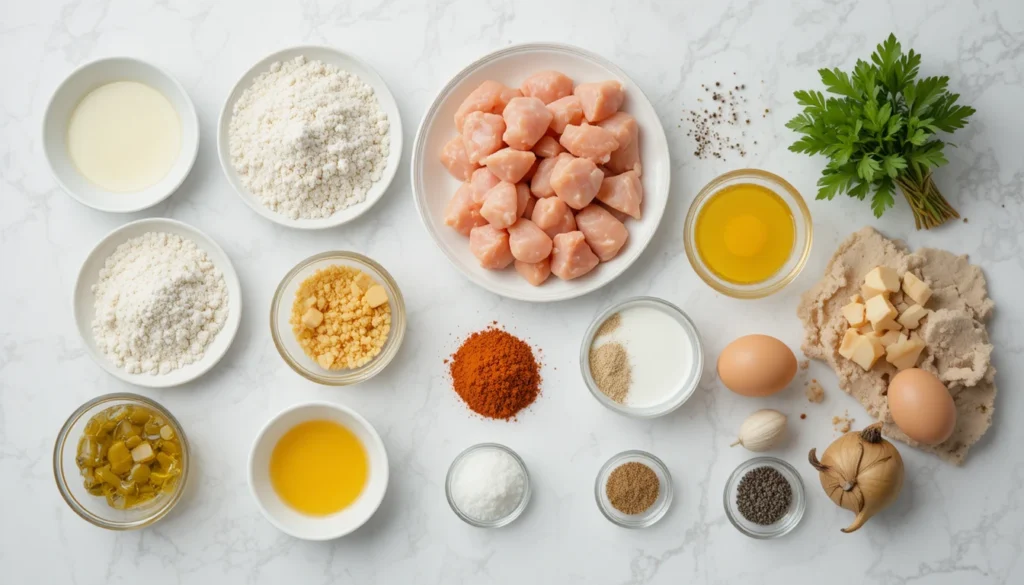 Separated ingredients for crispy chicken bites including raw chicken, flour, breadcrumbs, eggs, milk, spices, oil, and parsley arranged neatly on a white surface