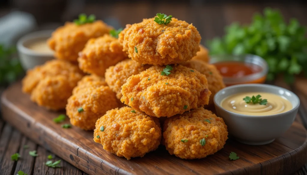 Golden crispy chicken bites served with dipping sauces on a rustic wooden board, garnished with parsley