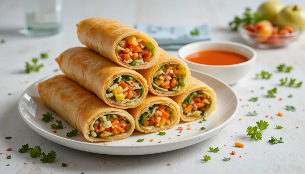 Golden crispy veggie spring rolls served with sweet chili sauce on a white plate, showing colorful vegetable filling