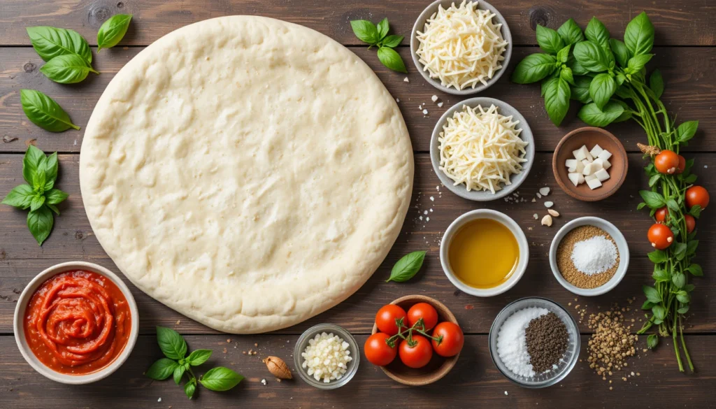 Southwest Crunch Wraps- Pizza & Creamy Chicken Wraps 5 Separated ingredients for a delicious pizza including dough, tomato sauce, mozzarella, pepperoni, basil, garlic, oregano, and cherry tomatoes arranged on a rustic surface.