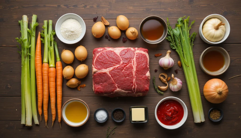 Separated ingredients for easy pot roast including beef chuck roast, vegetables, herbs, broth, and seasonings arranged on a rustic surface