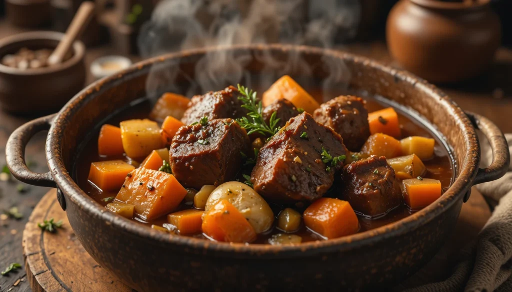 Easy pot roast with tender beef, carrots, potatoes, and celery in rich gravy, garnished with fresh herbs on a rustic table