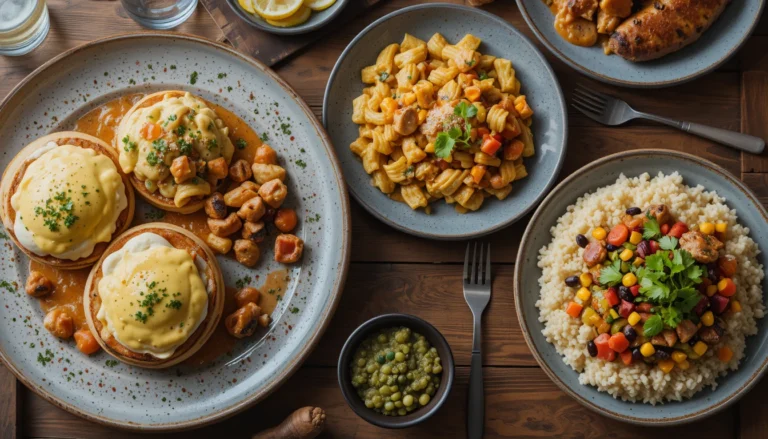 Hyper-realistic brunch spread with Eggs Benedict topped with hollandaise, Cajun Chicken Pasta with creamy sauce, and a colorful Vegan Fajita Rice Bowl with bell peppers, beans, and cilantro, beautifully arranged on a wooden table, 16:9 format