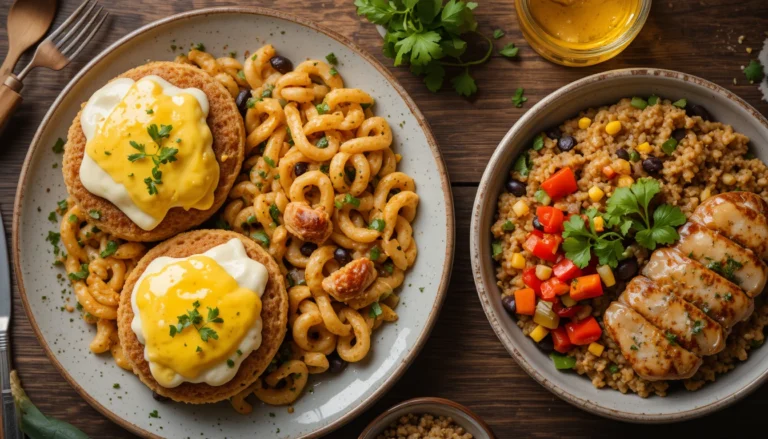 Hyper-realistic top-down view of Eggs Benedict with hollandaise, Cajun Chicken Pasta with creamy sauce, and a colorful Vegan Fajita Rice Bowl with bell peppers and black beans, plated beautifully in a 16:9 frame.