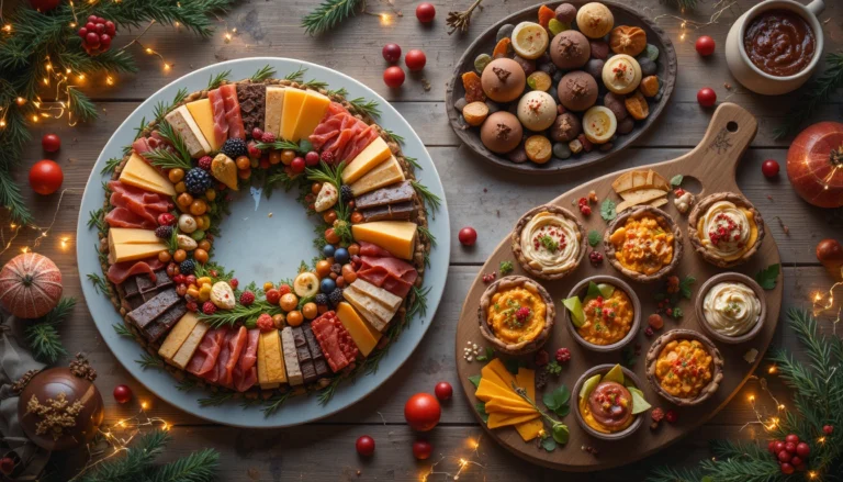 Hyper-realistic festive party spread featuring a Holiday Charcuterie Wreath, Chocolate Dessert Board, and colorful Veggie Cups on a wooden table with holiday lights and decor