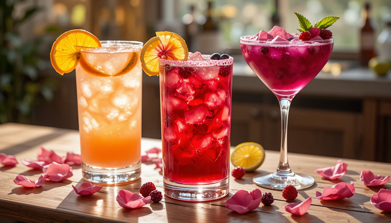 Floral & Fruity Cocktail Recipes: Golden Rosé Sunset 1 Three colorful floral and fruity cocktails — Golden Rosé Sunset, Hibiscus Margarita, and Berry Bliss — arranged on a wooden table with garnishes in a 16:9 composition.