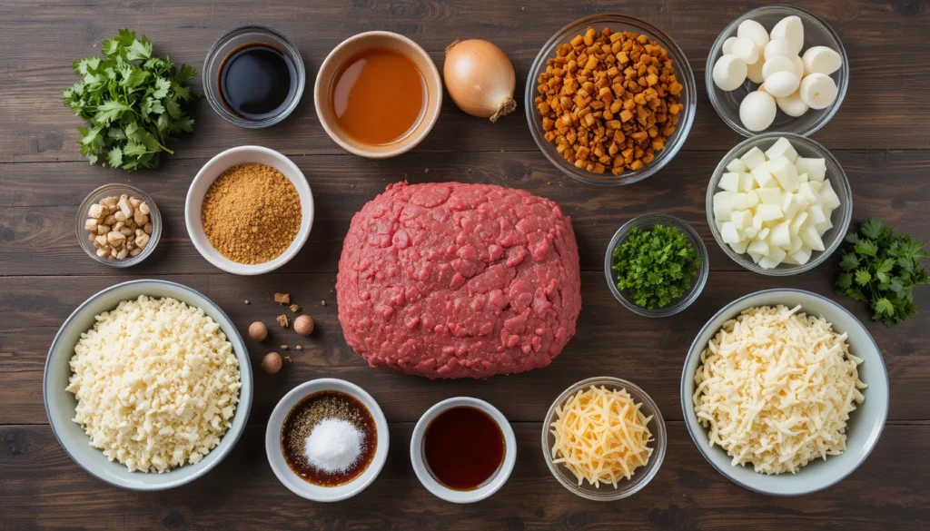 Separated ingredients for French onion meatloaf including ground meat, caramelized onions, garlic, breadcrumbs, eggs, cheese, herbs, and seasonings arranged on a rustic surface