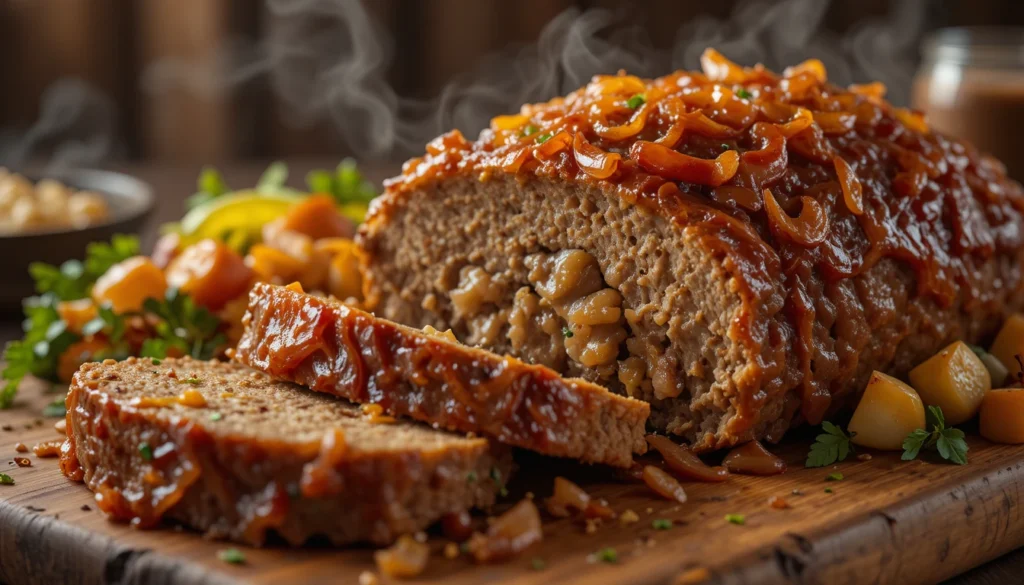 French onion meatloaf topped with caramelized onions and melted cheese, sliced on a rustic board with roasted vegetables and herbs