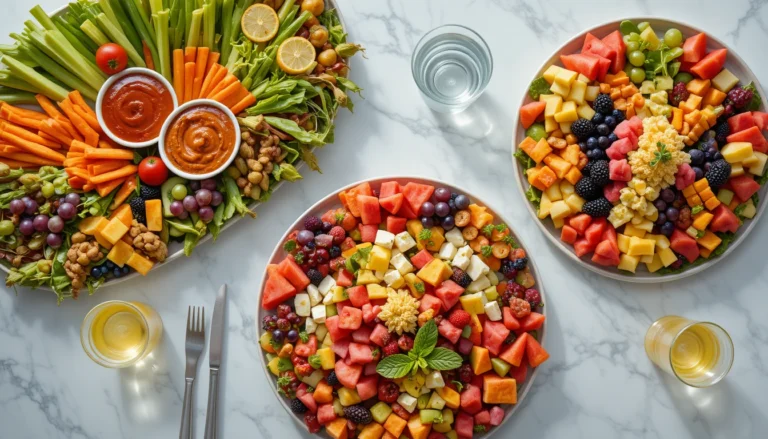 Vibrant party spread with fresh garden veggies, colorful fruit platter, and a checkerboard summer salad arranged on a bright festive table