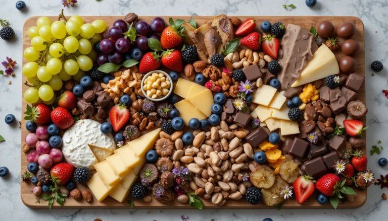 Hyper-realistic party board with fresh fruits, assorted cheeses, chocolates, nuts, and edible flowers, beautifully arranged on a wooden serving board, 16:9 format