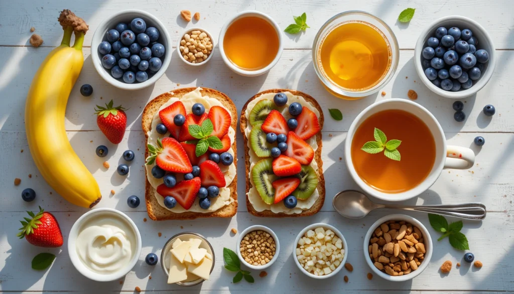 Cozy Comfort & Fresh Flavors: Beef Soup, Fruit Toast 4 Flat-lay of fresh ingredients for Fruit Toast with Tea Recipe including bread, assorted fruits, honey, butter, and a cup of tea in a 16:9 composition.