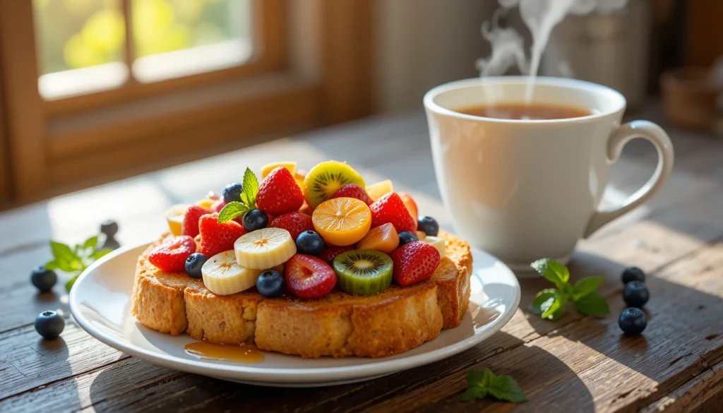 Cozy Comfort & Fresh Flavors: Beef Soup, Fruit Toast 3 Golden fruit toast topped with fresh berries and banana slices served with hot tea — Fruit Toast with Tea Recipe breakfast image.
