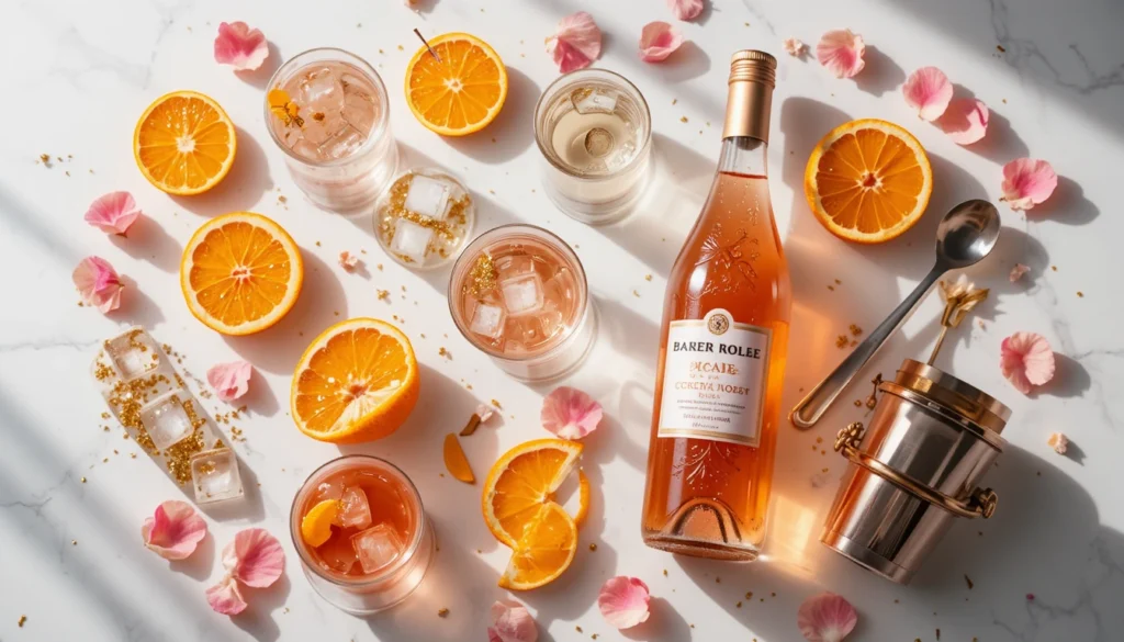 Floral & Fruity Cocktail Recipes: Golden Rosé Sunset 2 Flat-lay of Golden Rosé Sunset Cocktail ingredients — rosé wine, orange slices, gold flakes, honey, and rose petals arranged stylishly in a 16:9 frame.