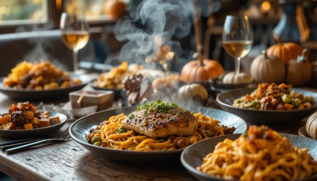 Gourmet-inspired fall dinner spread with herb-roasted chicken, caramelized vegetables, creamy pumpkin pasta, Brussels sprouts, and a walnut salad on a rustic autumn table.