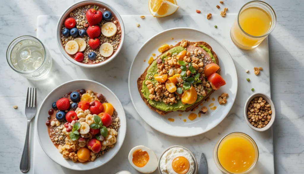 Honey Mustard Wraps, Sliders & Quick Healthy Breakfasts 5 Healthy breakfast spread including smoothie bowl, avocado toast, yogurt parfait, eggs, and fruit arranged in a bright 16:9 composition.