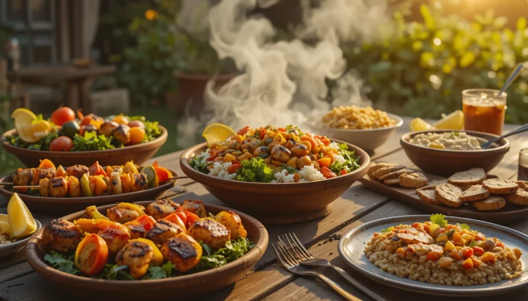 Hyper-realistic summer grilled dinner spread with veggie and meat skewers, juicy chicken bowls, and Mediterranean platters with hummus, pita, and grilled halloumi, beautifully served outdoors, 16:9 format