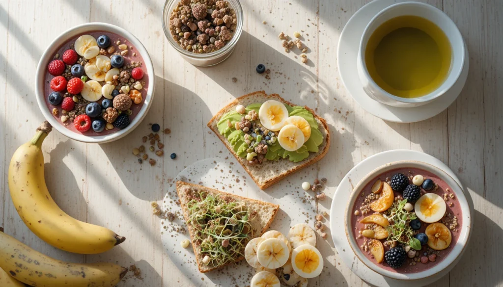 Honey Mustard Wraps, Sliders & Quick Healthy Breakfasts 6 Healthy breakfast spread featuring smoothie bowls, avocado toast, eggs, fresh fruits, and green tea, highlighting nutritious morning meal ideas and health benefits