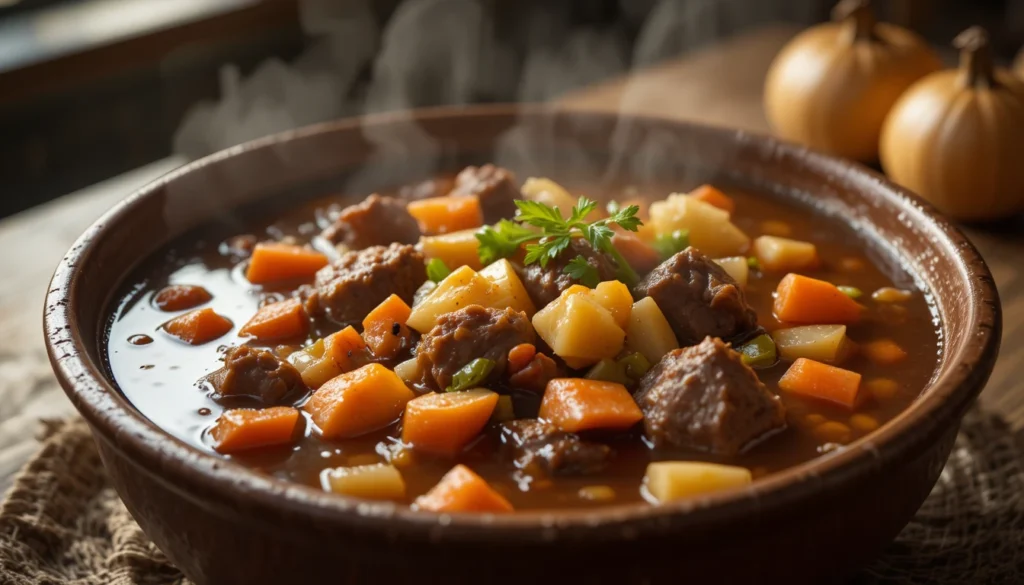 Hearty beef stew with tender beef, carrots, potatoes, and vegetables served in a rustic bowl with warm cozy lighting