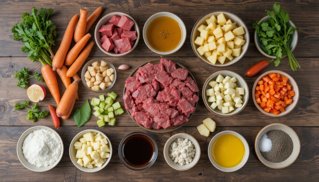 Separated ingredients for hearty beef stew including raw beef, vegetables, broth, herbs, and seasonings arranged on a rustic surface