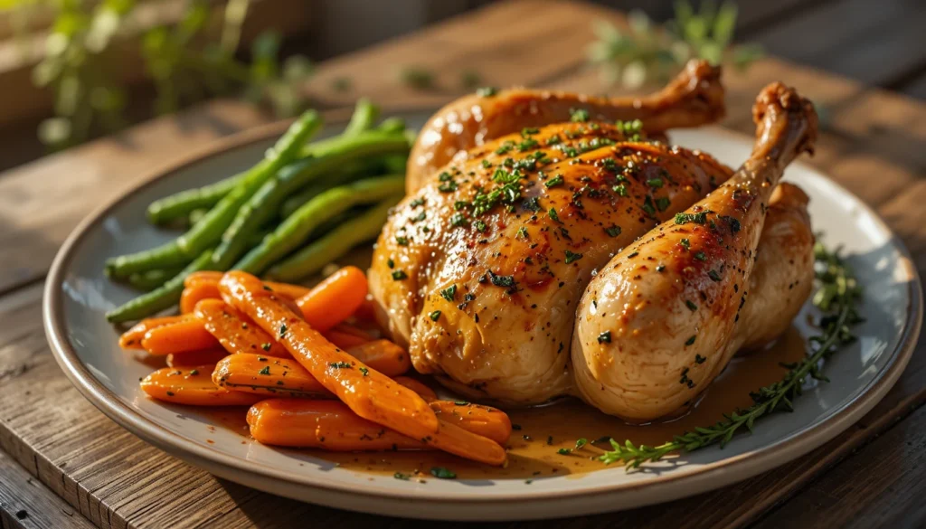 Herb Chicken, Glazed Veggies & Easy Summer Dinners 3 Herb-roasted chicken with garlic green beans and glazed carrots on a rustic plate, illuminated by warm, natural evening light highlighting textures and color