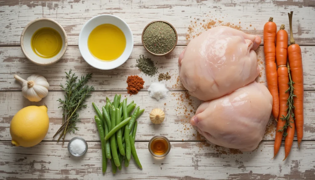 Herb Chicken, Glazed Veggies & Easy Summer Dinners 4 All ingredients for herb-roasted chicken with garlic green beans and glazed carrots shown separately, including chicken, olive oil, spices, vegetables, honey, and fresh herbs