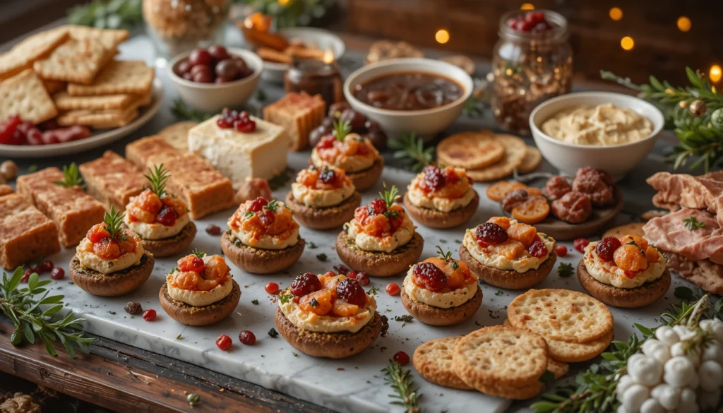 Festive holiday appetizer spread with mini sliders, cheeses, dips, charcuterie, and garnishes displayed beautifully in a 16:9 frame.