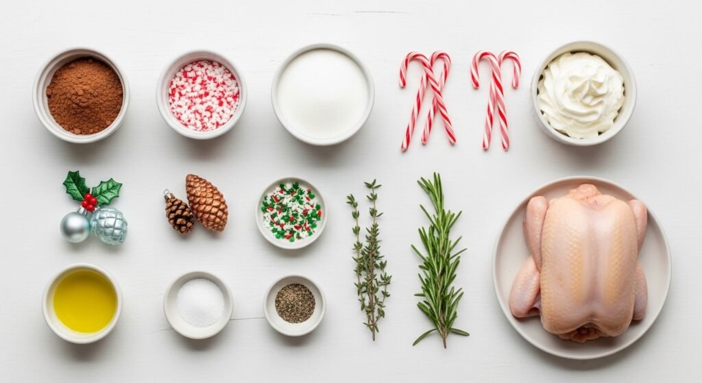 Separated ingredients for holiday cocoa, candy cane treats, and Christmas chicken including cocoa powder, milk, sugar, whipped cream, candy canes, roasted chicken, herbs, and spices arranged neatly on a wooden surface