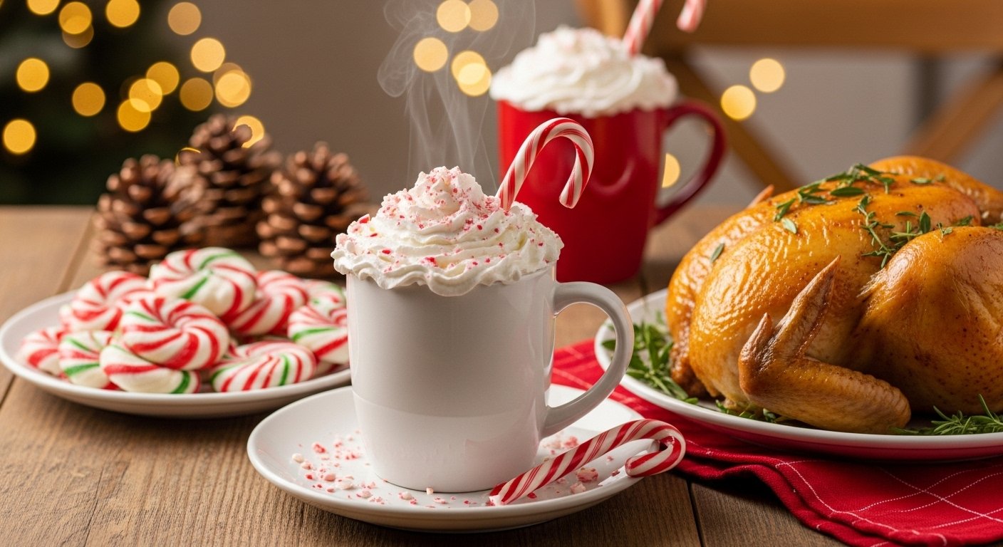 Festive holiday setup with a steaming mug of cocoa topped with crushed candy cane, colorful candy cane treats, and a golden roasted Christmas chicken on a rustic wooden table with Christmas lights.