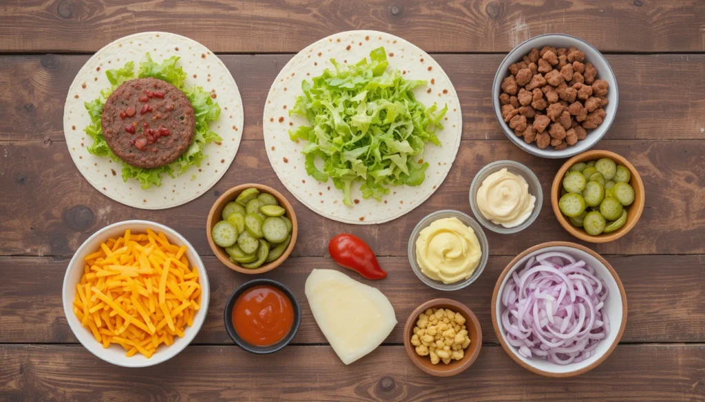 Crispy Chicken Burger - Big Mac & Beef Fajita Wraps 4 Separated ingredients for homemade Big Mac wraps including tortillas, beef patties, lettuce, pickles, cheese, onion, mayonnaise, ketchup, mustard, and special sauce arranged on a rustic surface